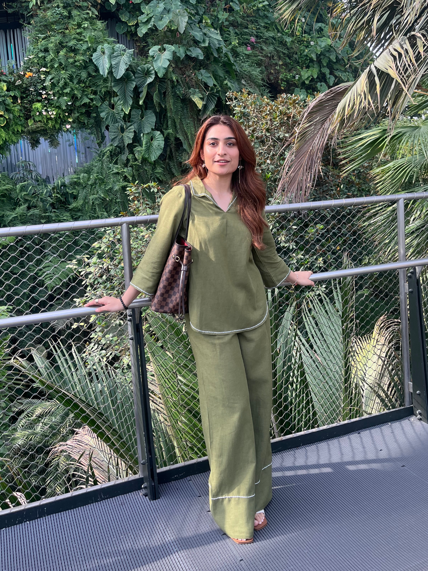 Linen Blend Skipper Collar Co-ord Set in Olive