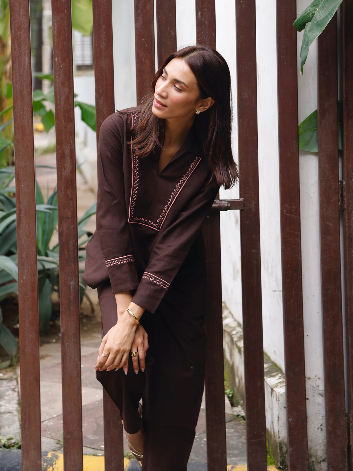 Cross-Stitch Linen Blend Co-ord Set in Espresso