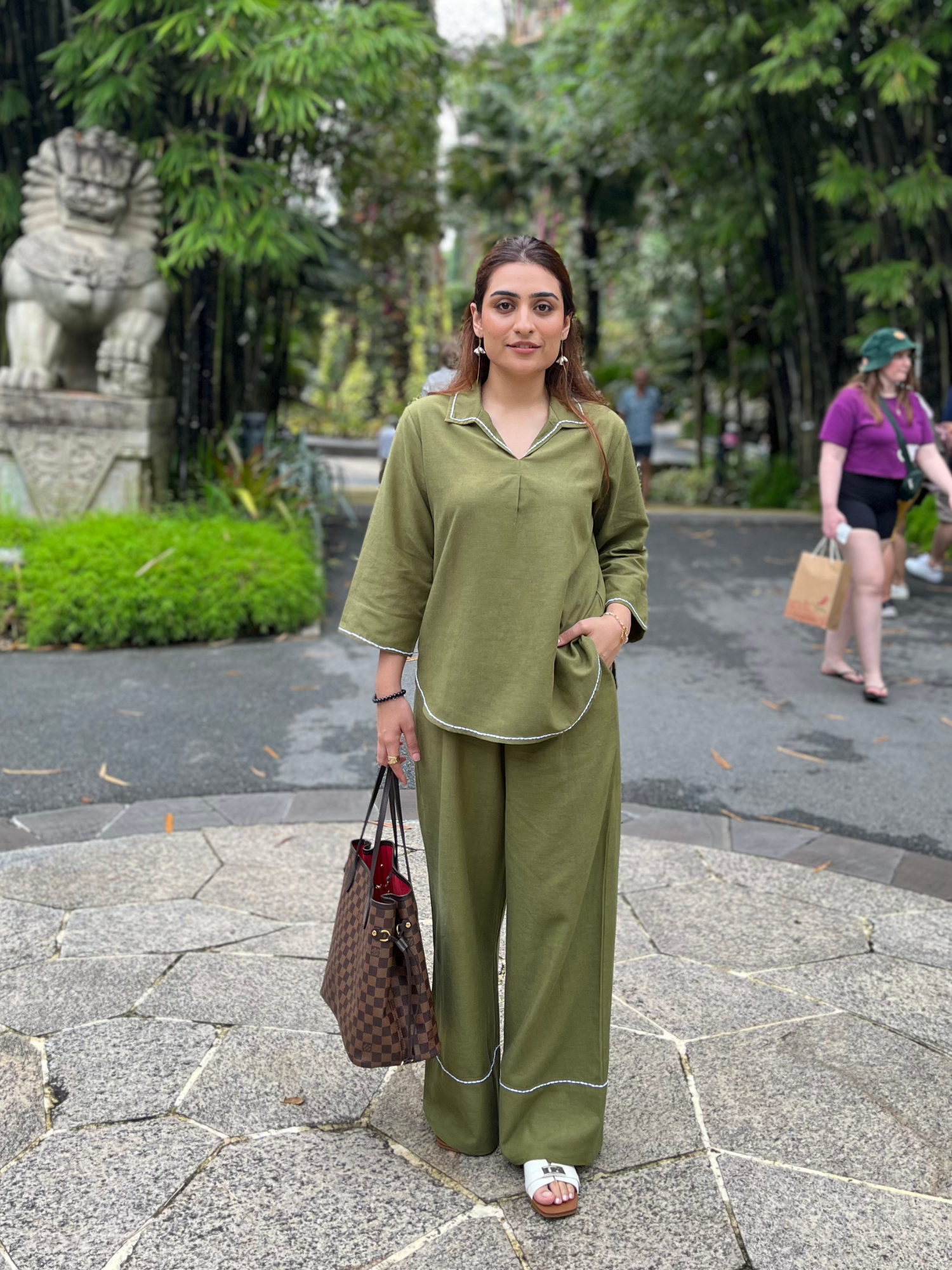 Linen Blend Skipper Collar Co-ord Set in Olive
