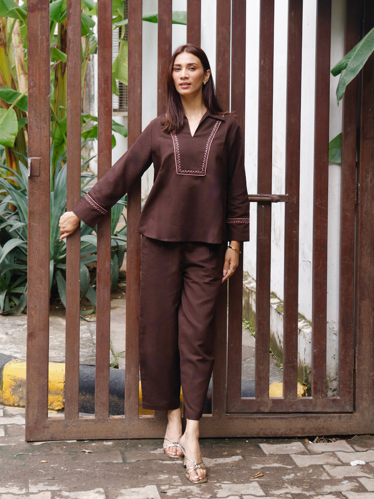 Cross-Stitch Linen Blend Co-ord Set in Espresso