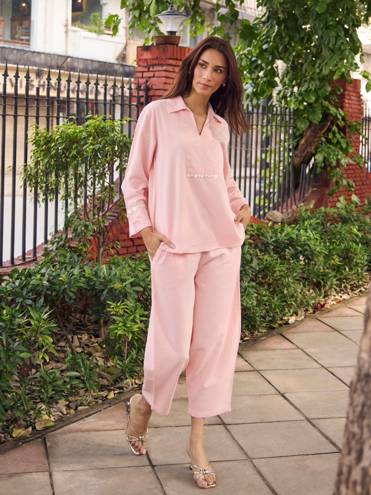 Embellished Jacquard Linen Blend Co-ord Set in Rose Pink