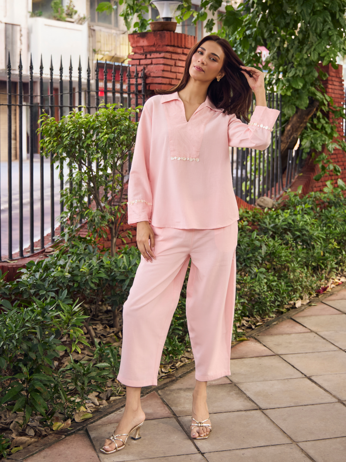 Embellished Jacquard Linen Blend Co-ord Set in Rose Pink