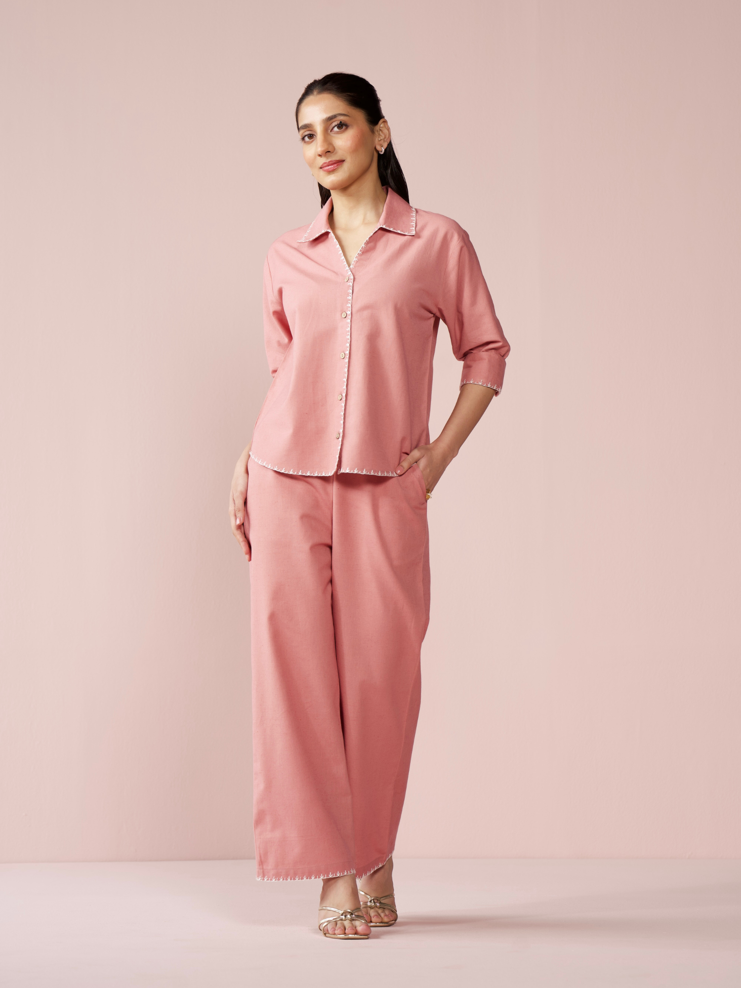 Linen Blend Relaxed Fit Co-ord Set in Rose