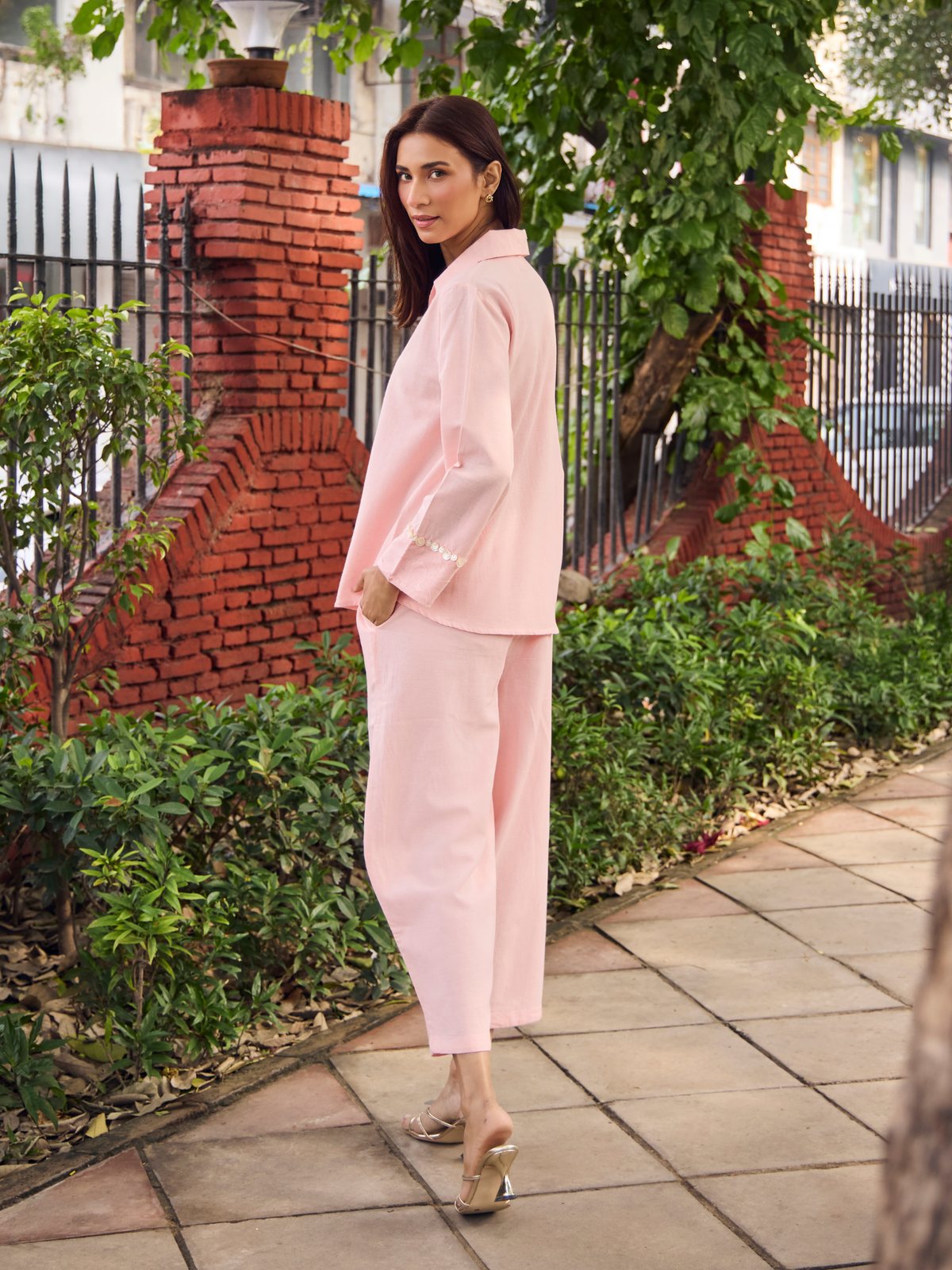 Embellished Jacquard Linen Blend Co-ord Set in Rose Pink
