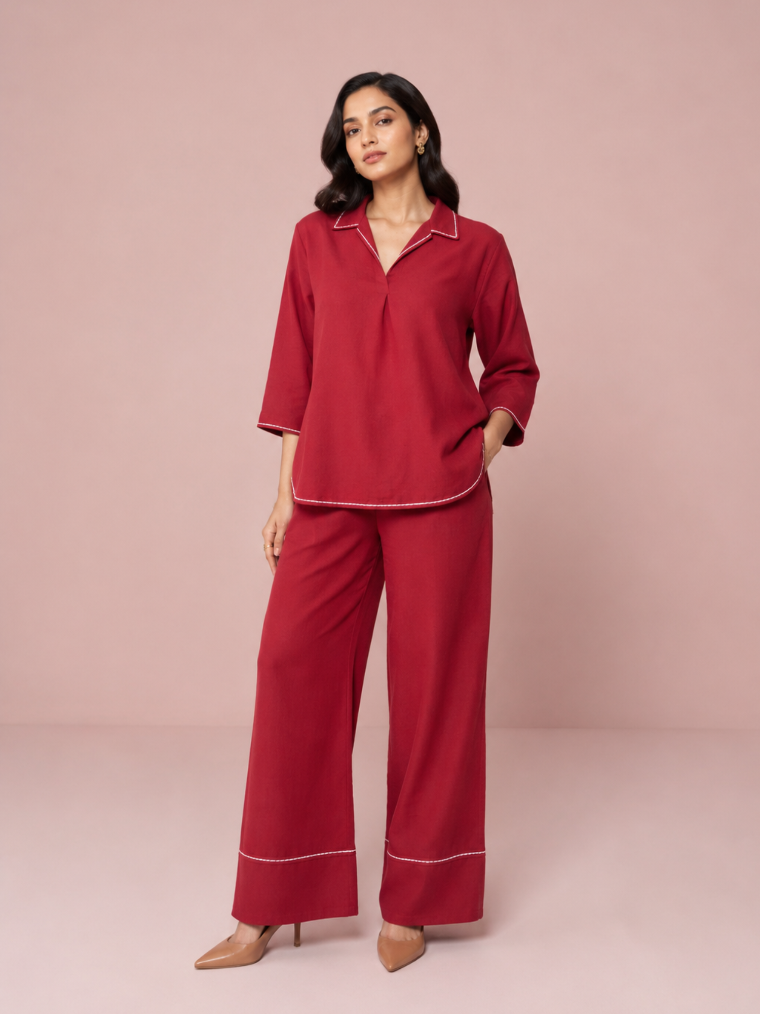 Linen Blend Skipper Collar Co-ord Set in Maroon