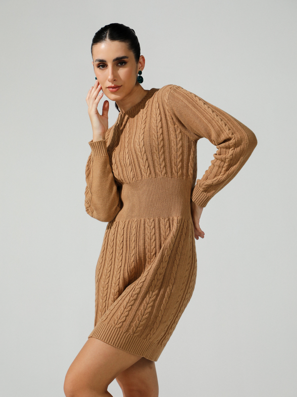 Serena Cable Knit Woolen Dress in Mocha