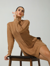 Serena Cable Knit Woolen Dress in Mocha