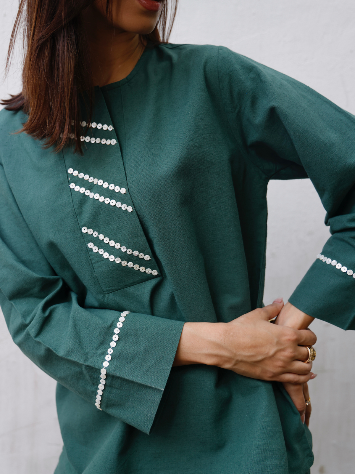 Embellished Cotton Linen Blend Co-ord Set in Forest Green