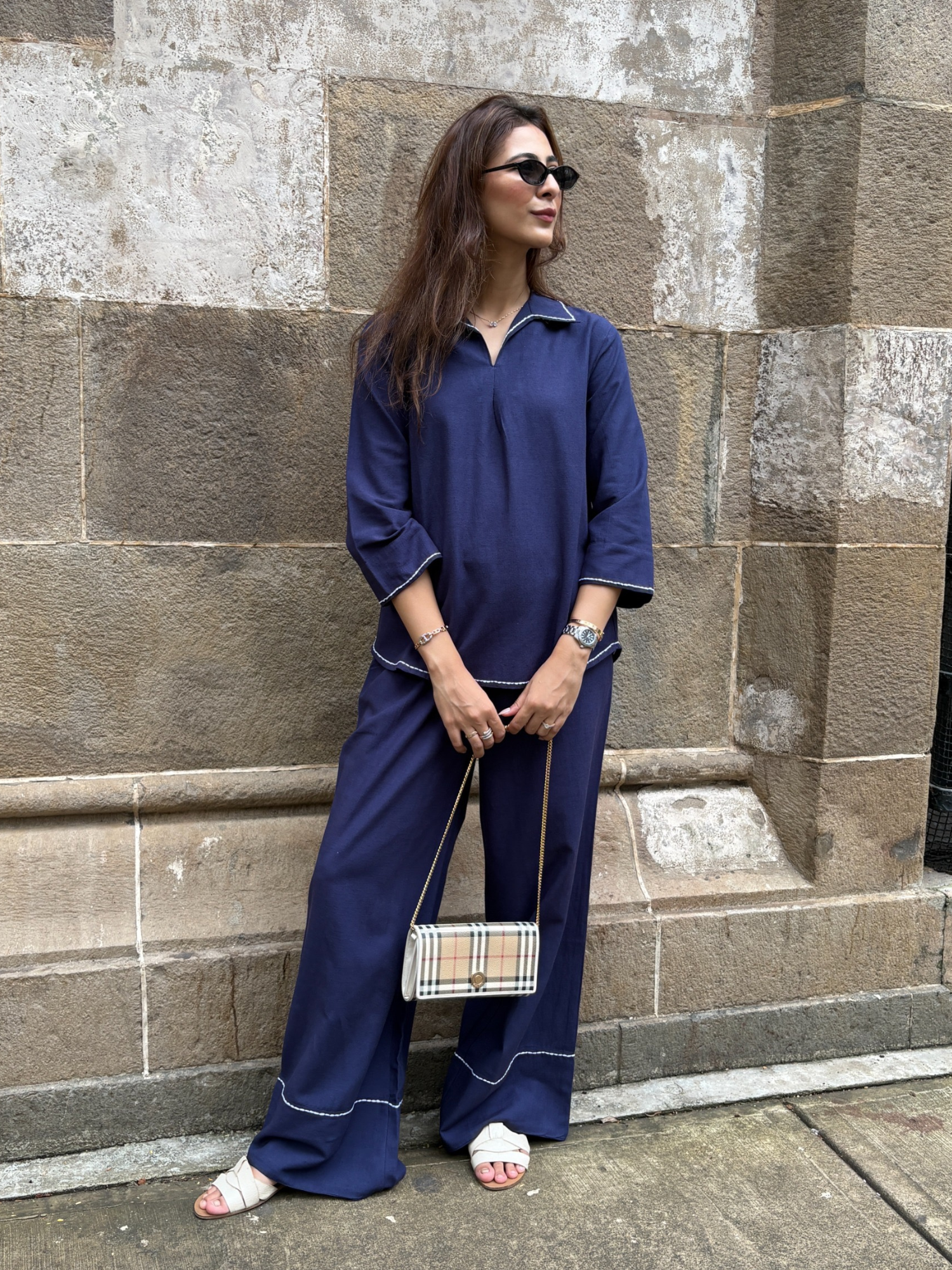 Linen Blend Skipper Collar Co-ord Set in Navy Blue