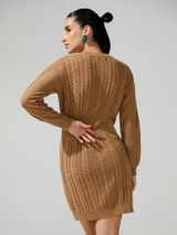 Serena Cable Knit Woolen Dress in Mocha