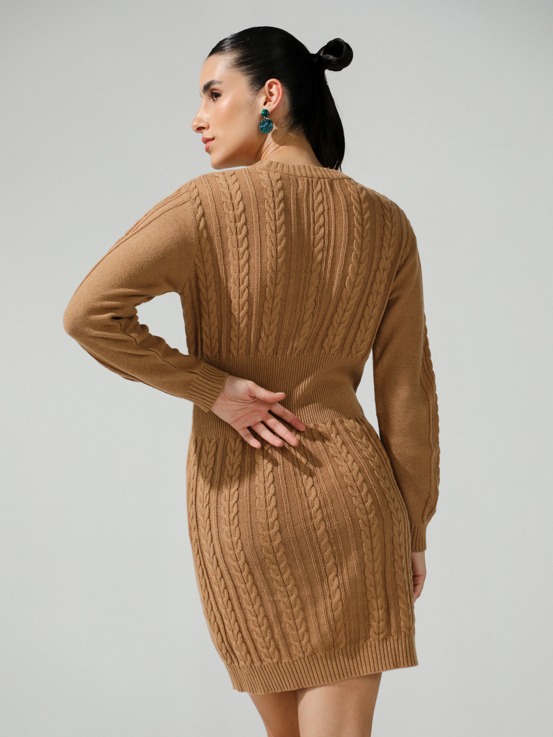 Serena Cable Knit Woolen Dress in Mocha