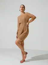 Serena Cable Knit Woolen Dress in Mocha