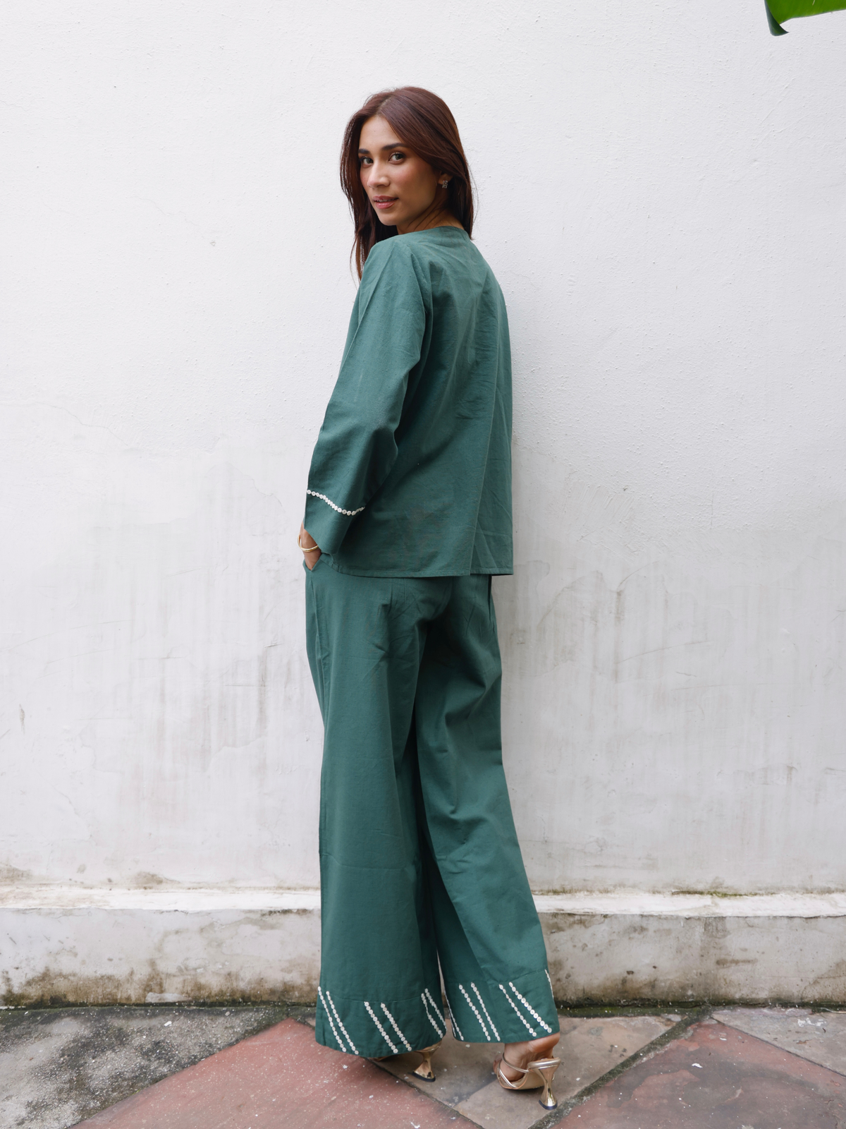Embellished Cotton Linen Blend Co-ord Set in Forest Green