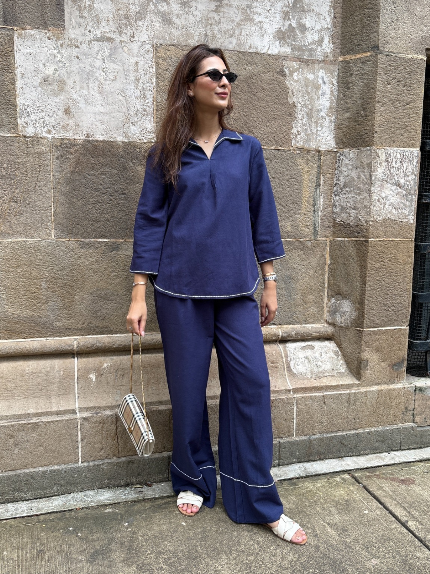 Linen Blend Skipper Collar Co-ord Set in Navy Blue