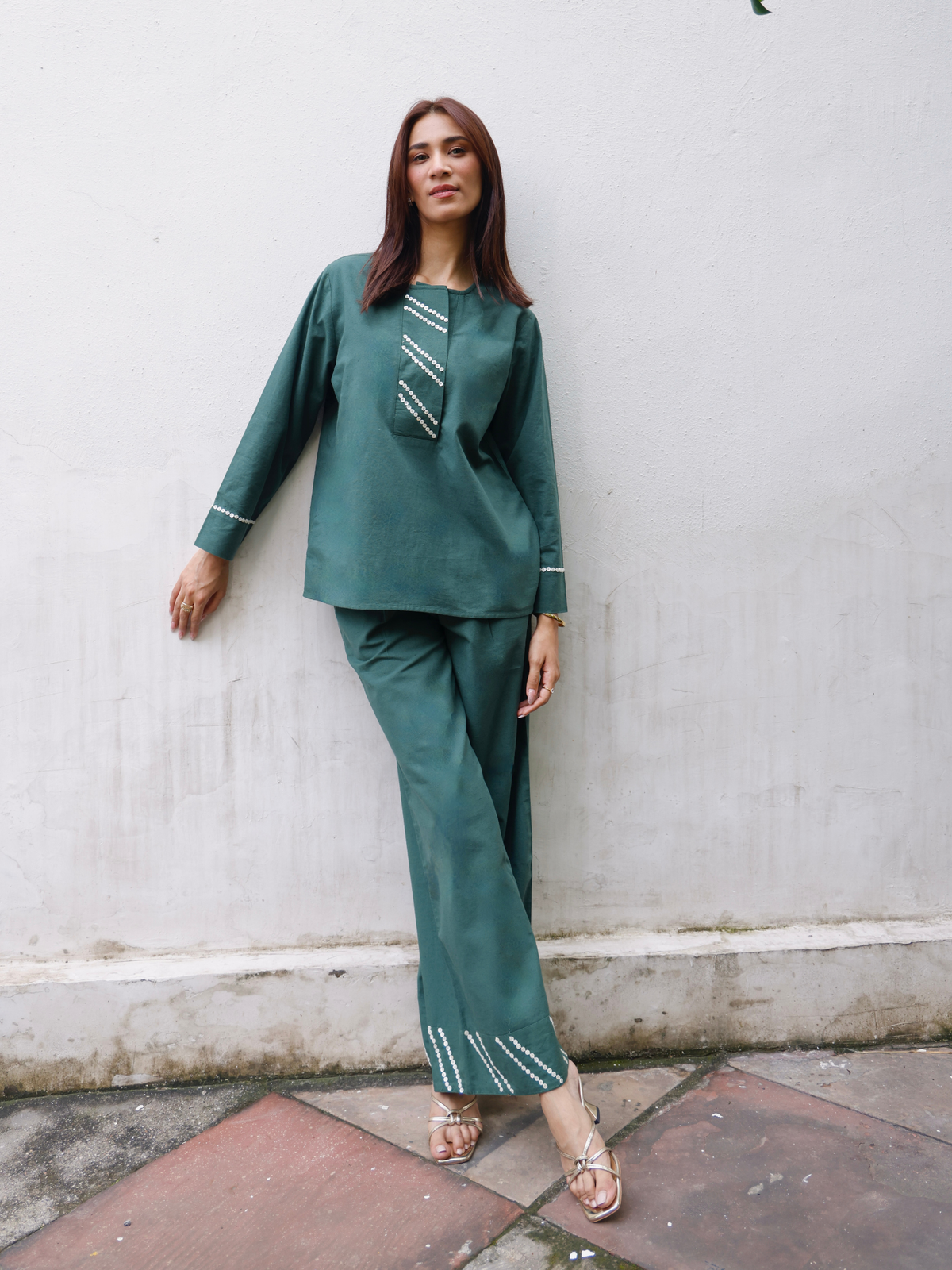 Embellished Cotton Linen Blend Co-ord Set in Forest Green