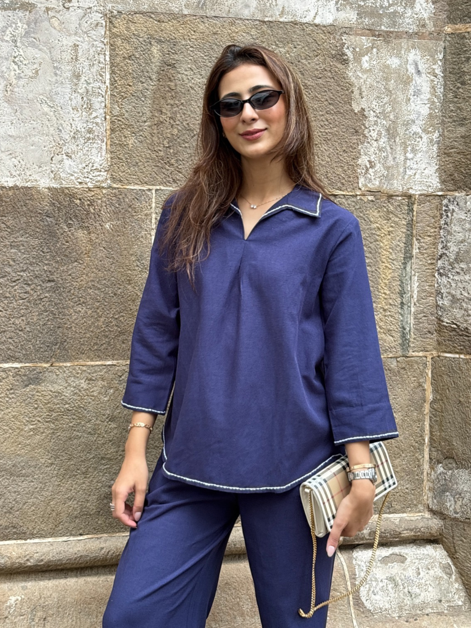 Linen Blend Skipper Collar Co-ord Set in Navy Blue