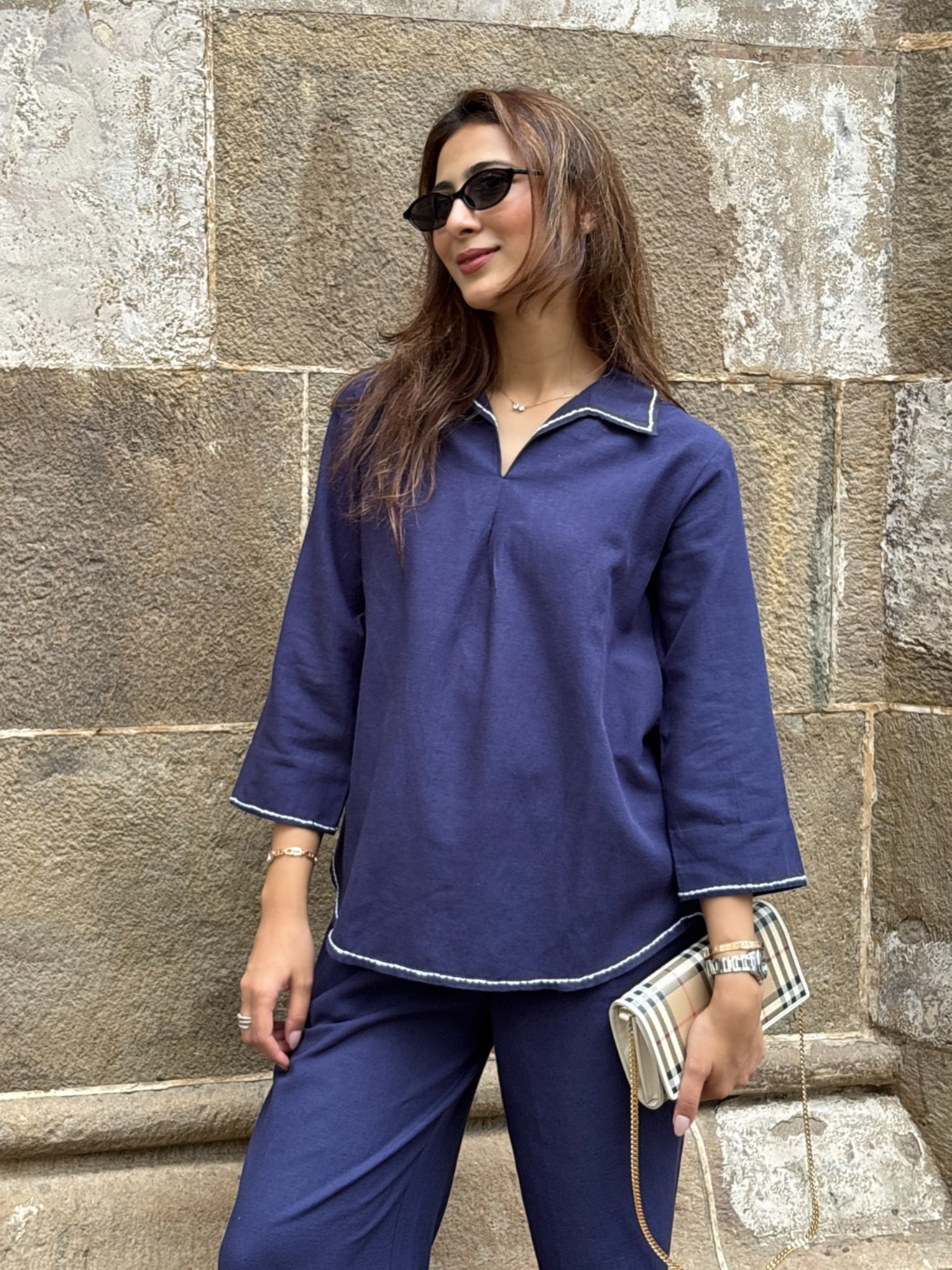Linen Blend Skipper Collar Co-ord Set in Navy Blue