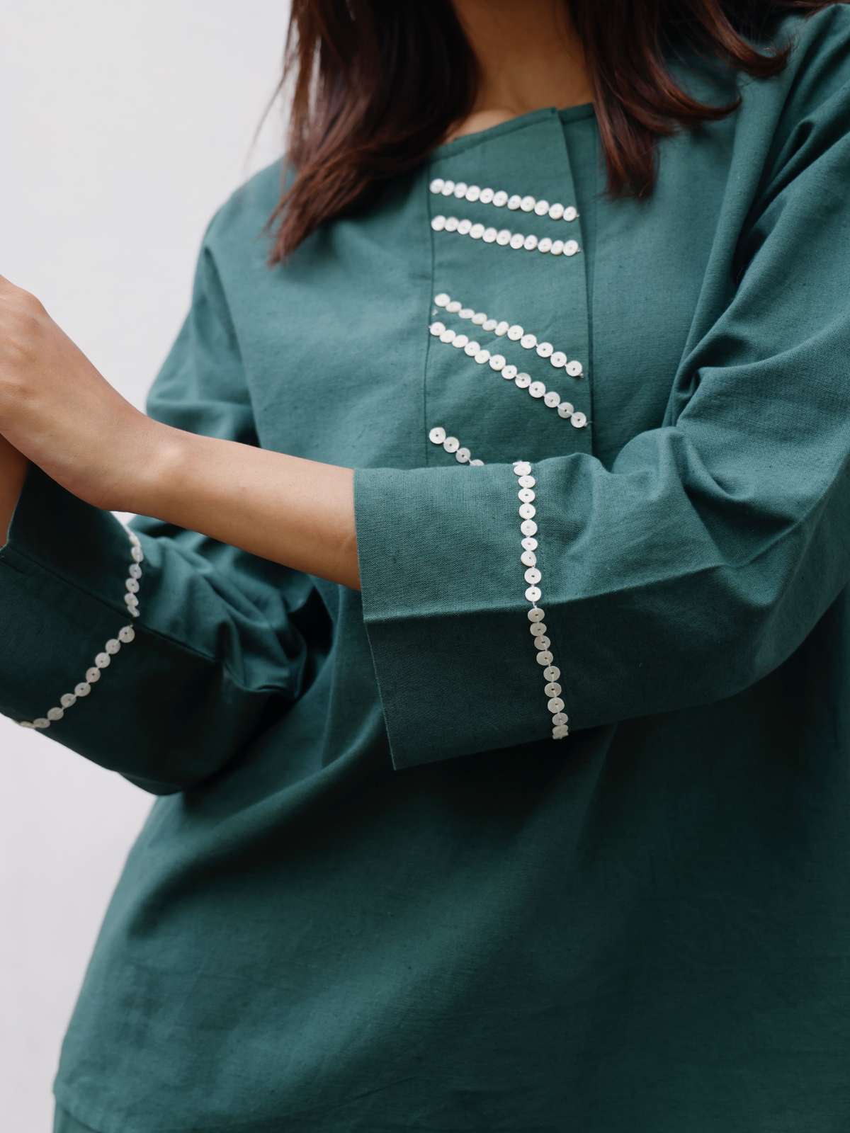 Embellished Cotton Linen Blend Co-ord Set in Forest Green