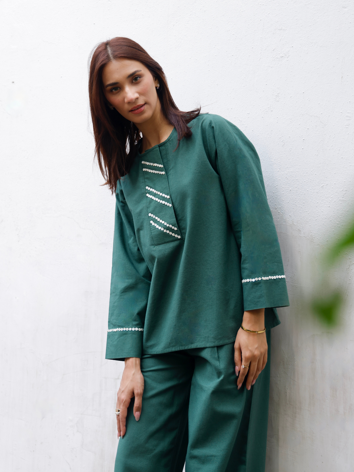 Embellished Cotton Linen Blend Co-ord Set in Forest Green