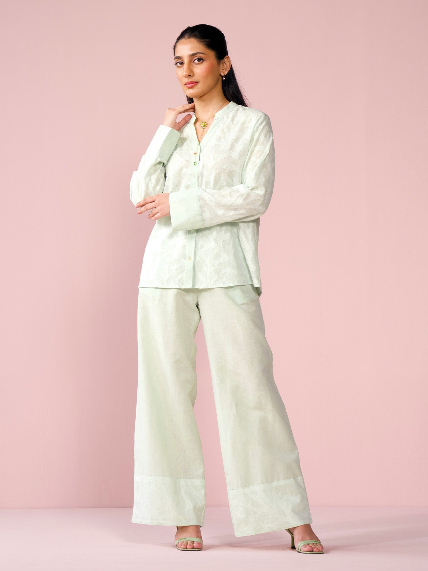 Seaside Linen Blend Jacquard Co-ord Set in Mint