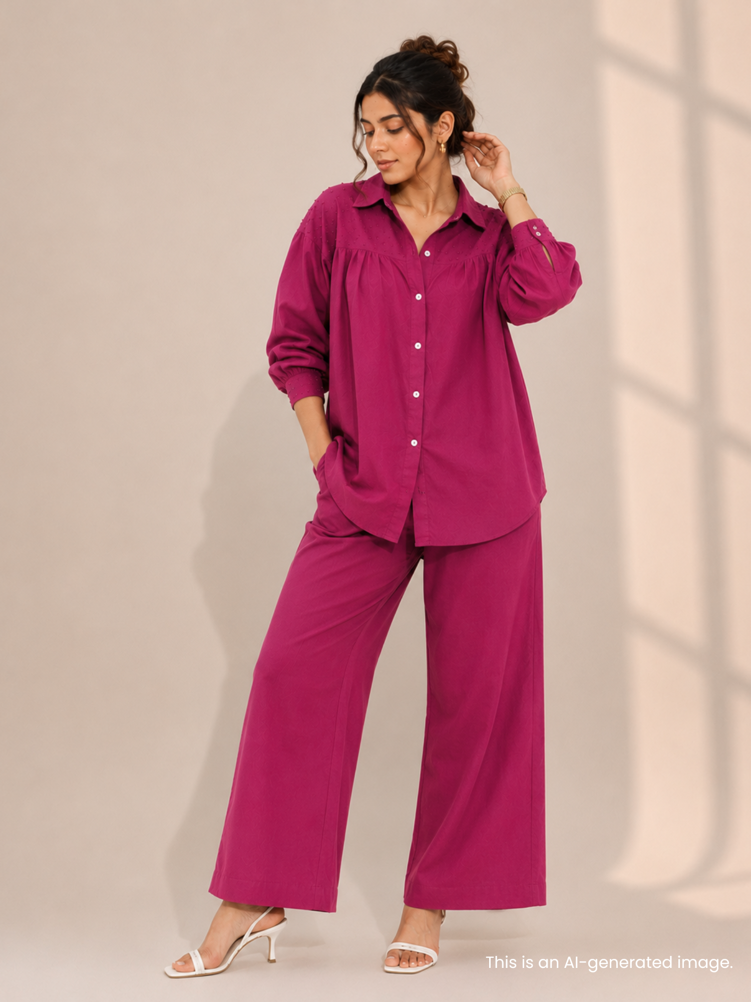 Premium Linen Co-ord Set with French Knots in Raspberry