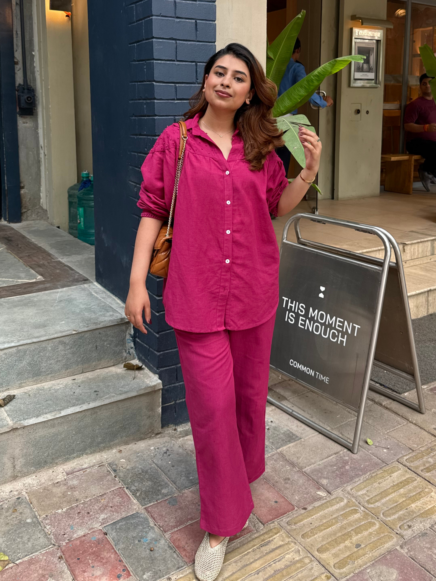 Premium Linen Co-ord Set with French Knots in Raspberry