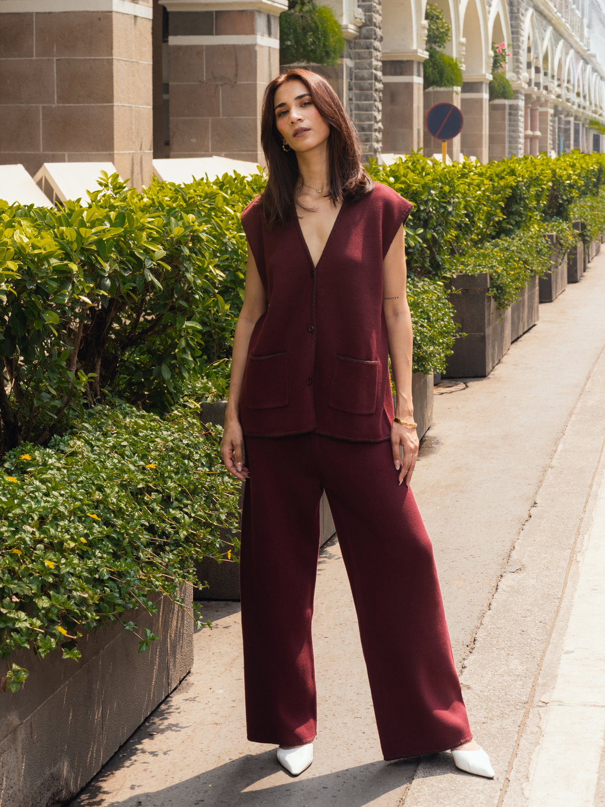 Vest Coord Set with Blanket Stitch in Maroon
