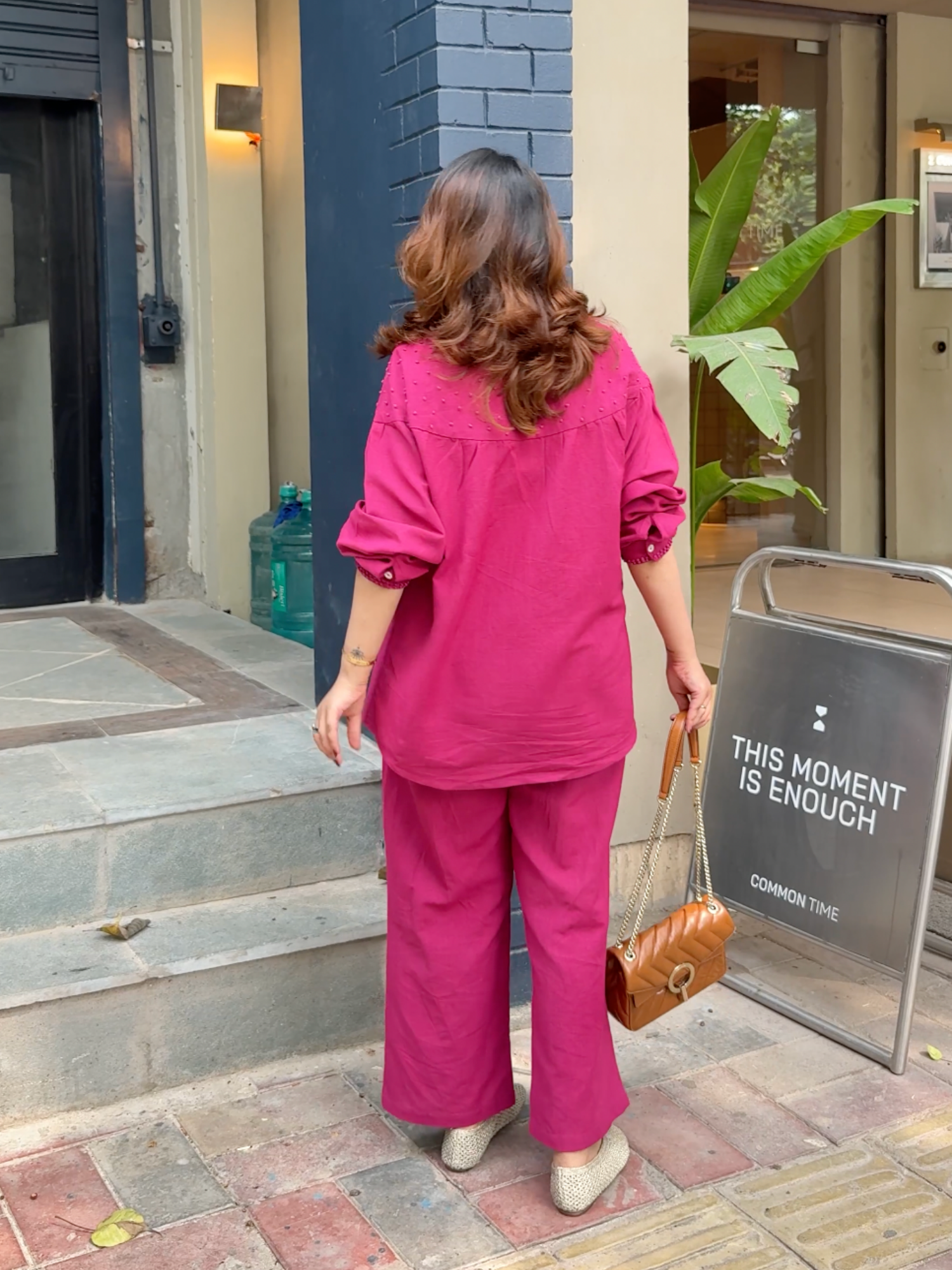 Premium Linen Co-ord Set with French Knots in Raspberry