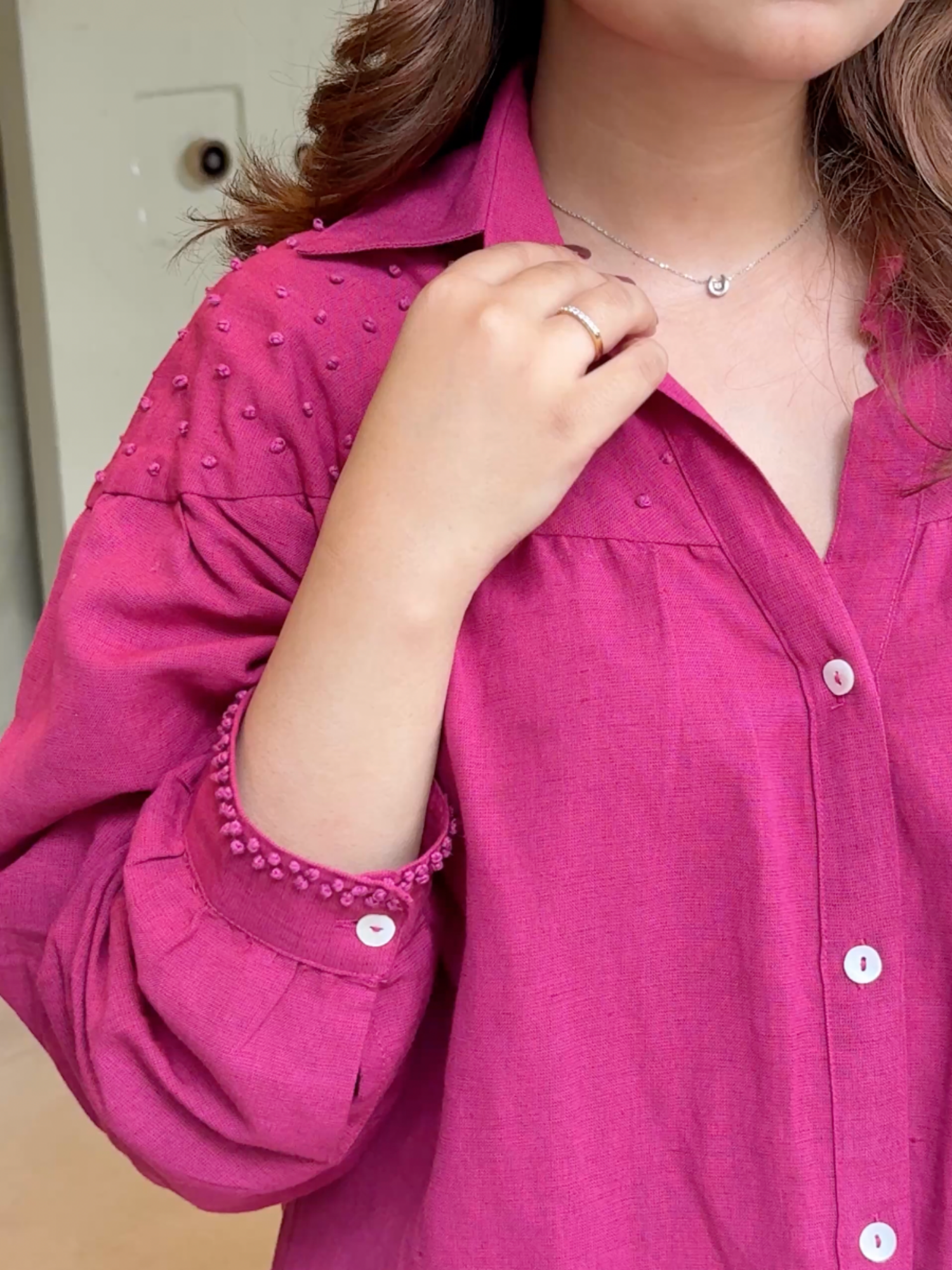 Premium Linen Co-ord Set with French Knots in Raspberry