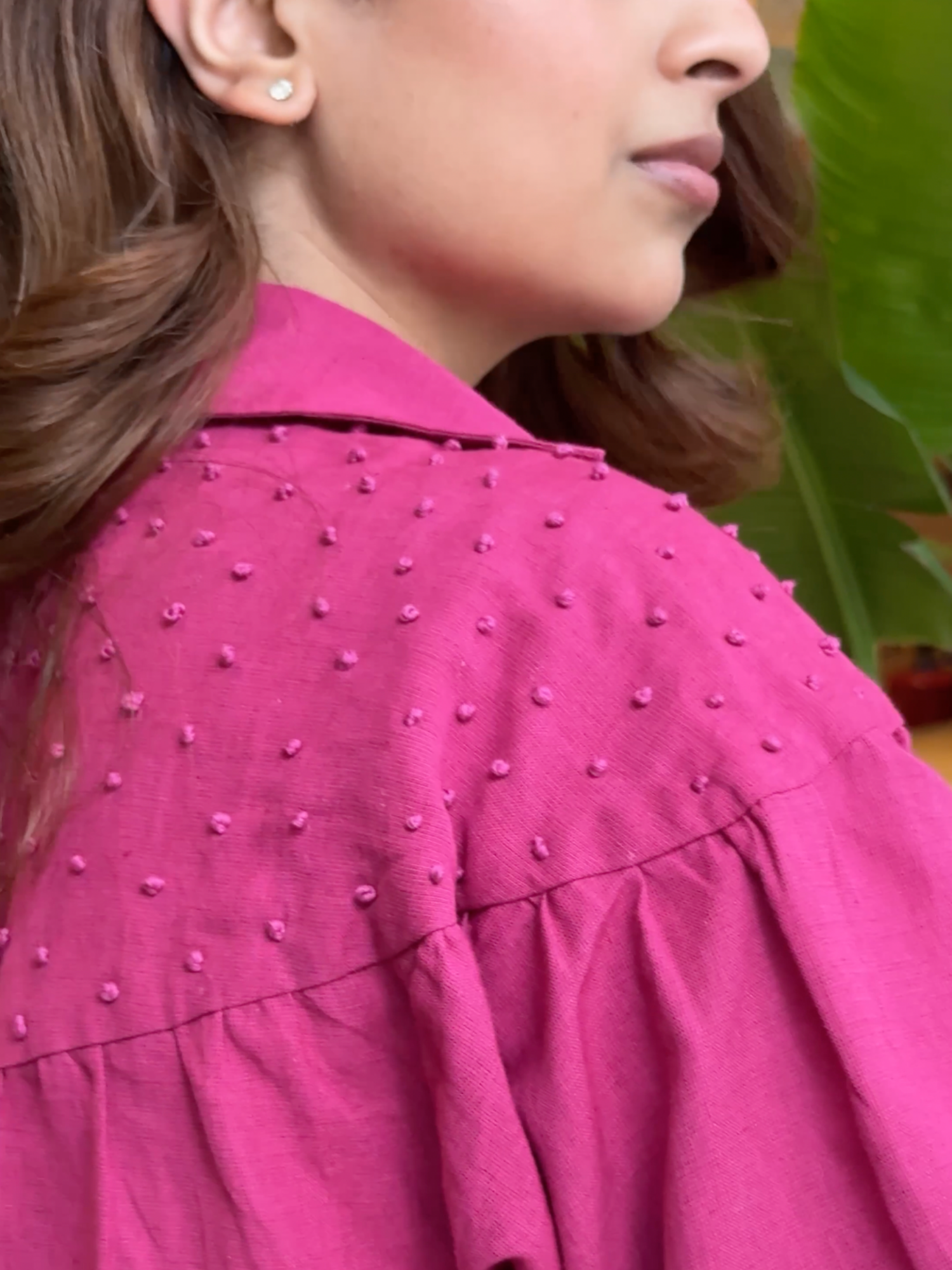Premium Linen Co-ord Set with French Knots in Raspberry