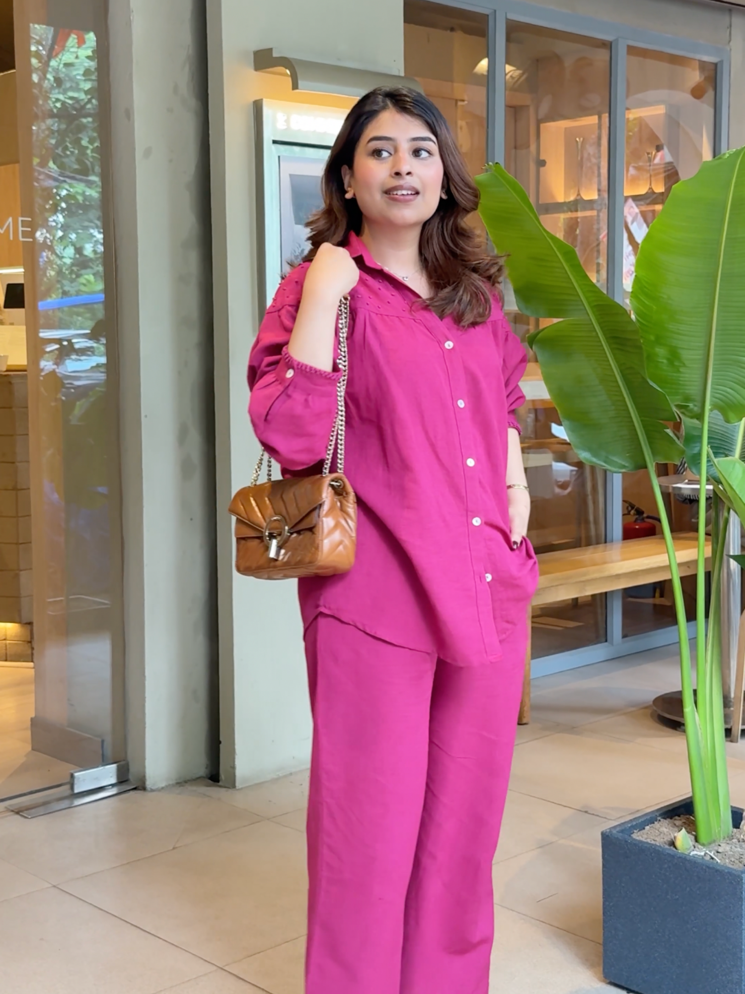 Premium Linen Co-ord Set with French Knots in Raspberry