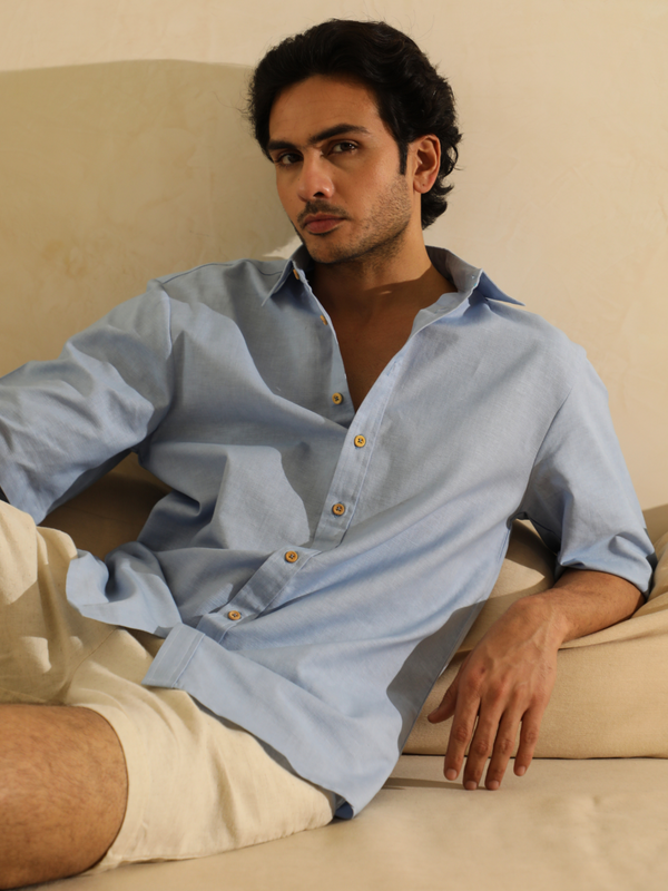 Half Sleeves Linen Shirt in Powder Blue