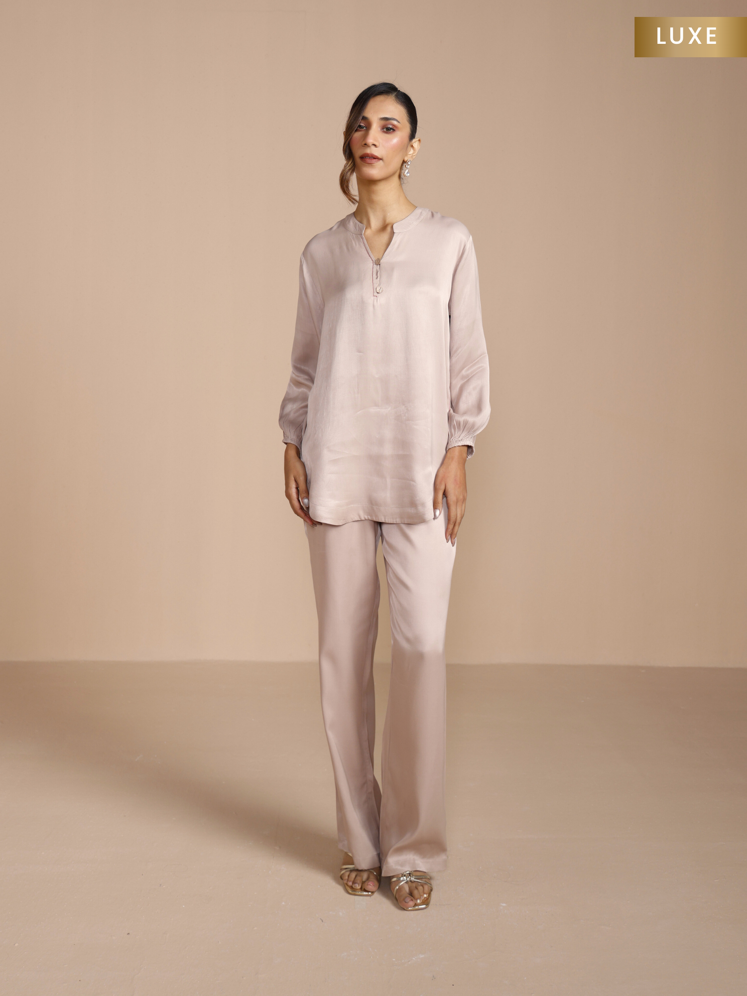 Satin Embroidered Tunic with Pants in Silver Taupe