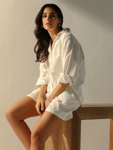 Linen blend Coord Set with Oversized Shirt & Shorts in Vanilla