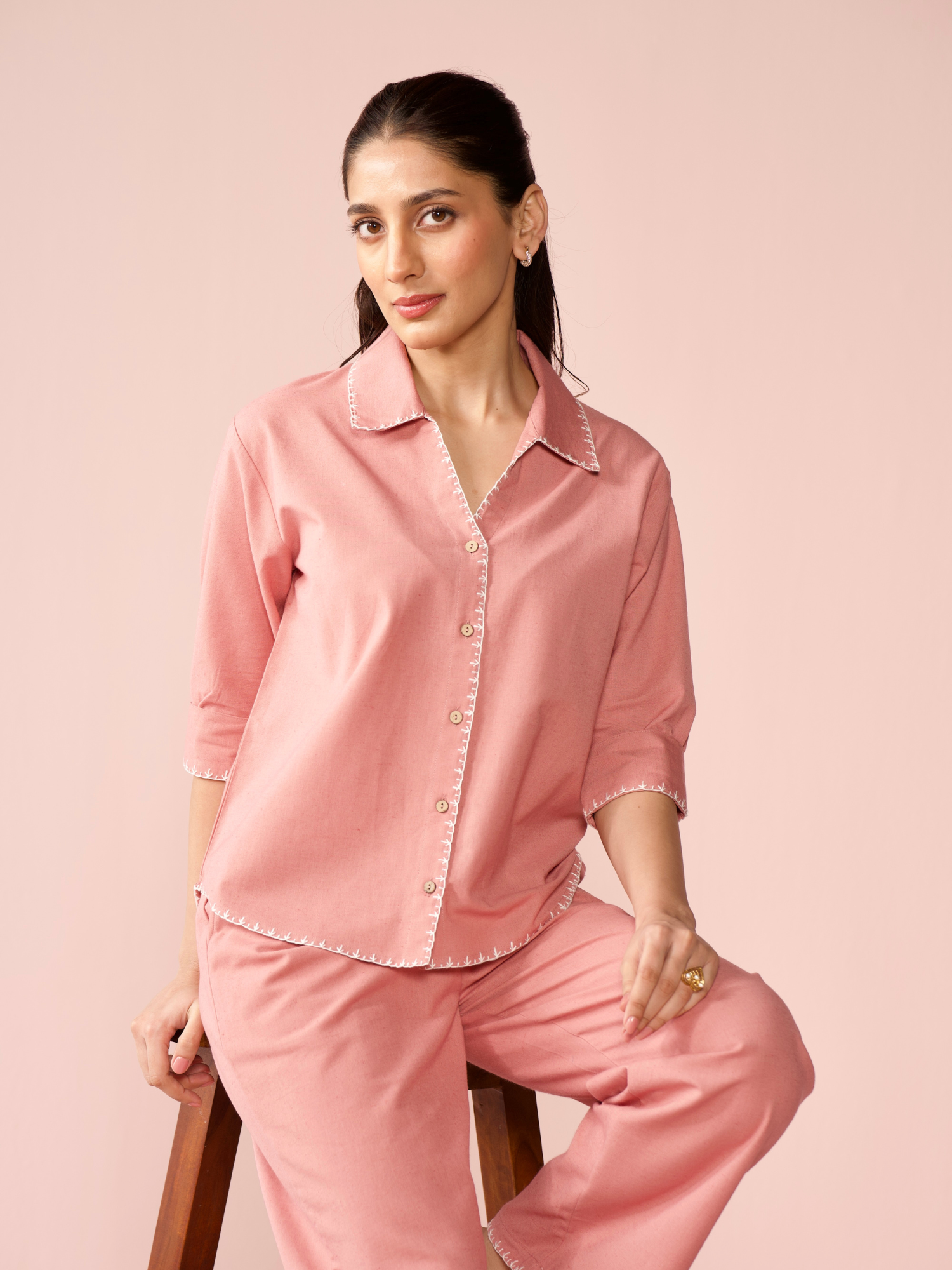Linen Blend Relaxed Fit Co-ord Set in Rose