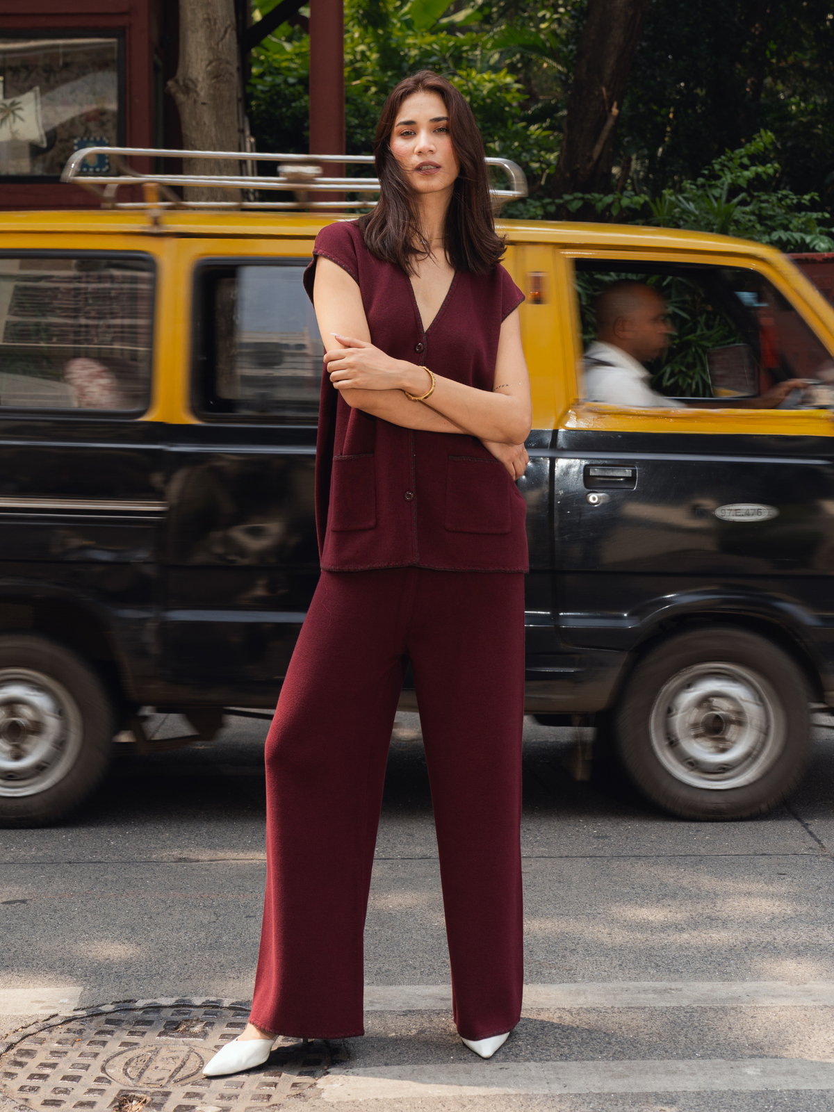 Vest Coord Set with Blanket Stitch in Maroon