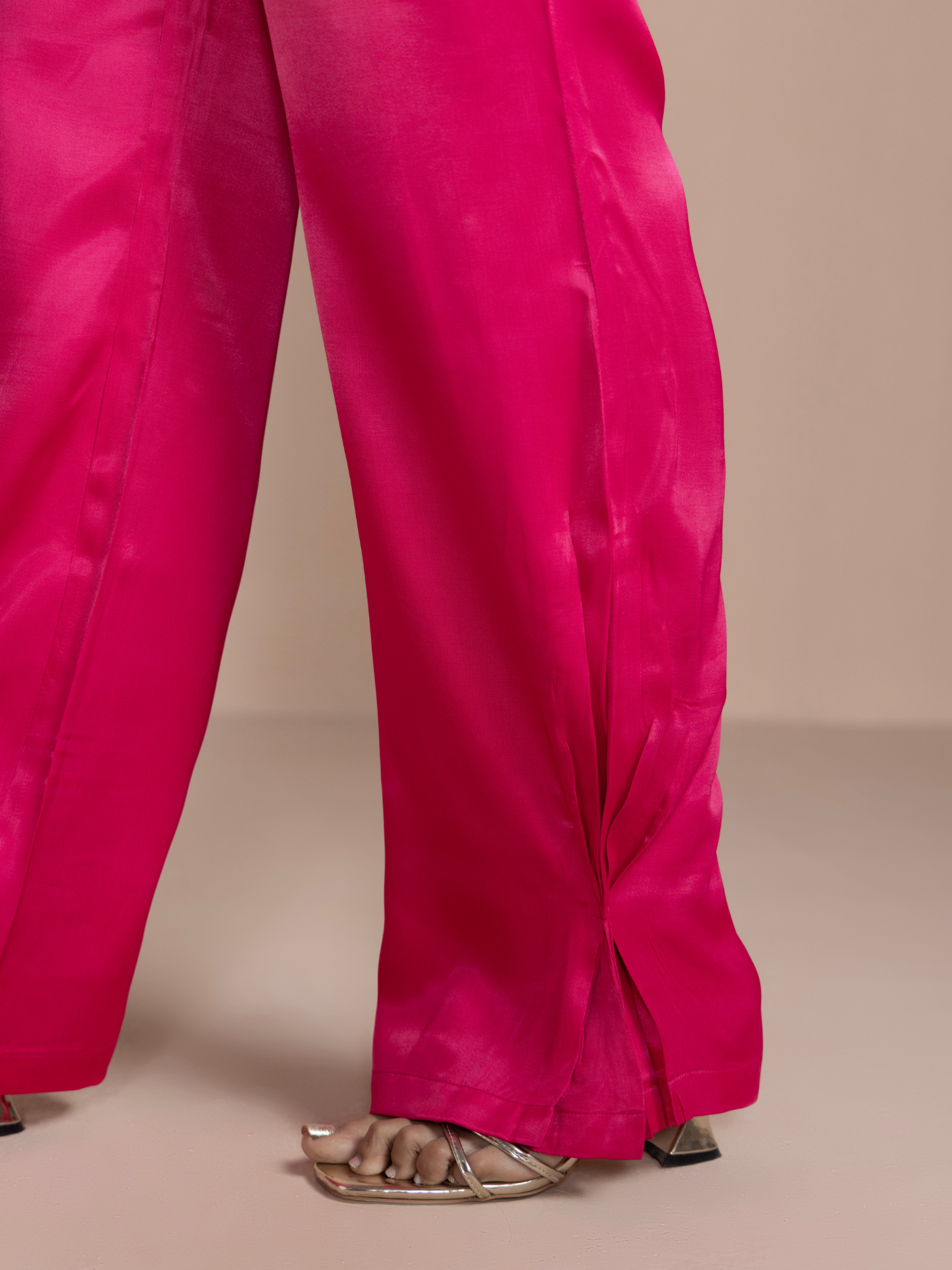 Button Embellished Satin Shirt with Pants in Rani Pink