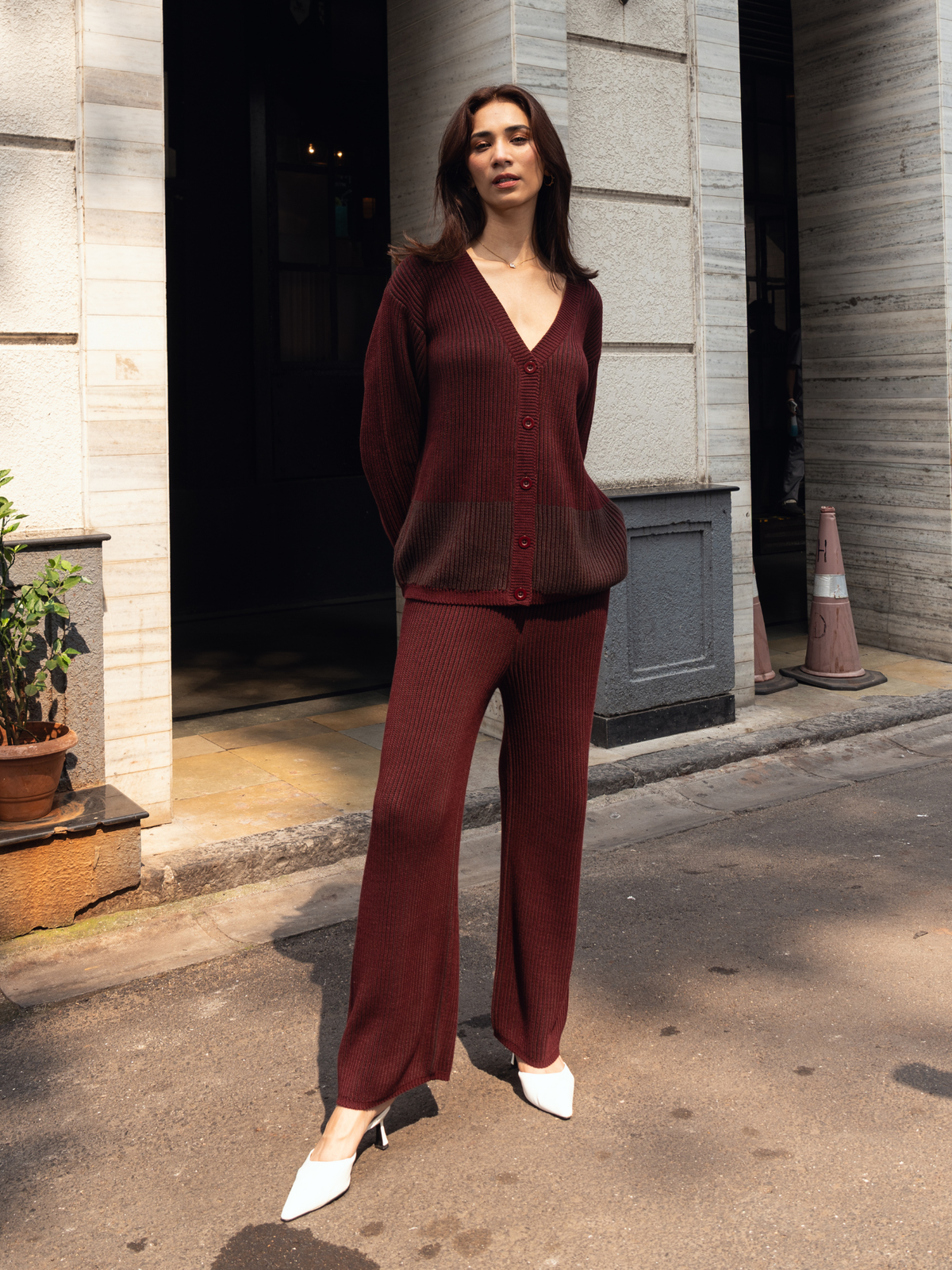 Ribbed Button Down Cardigan with Pants in Maroon