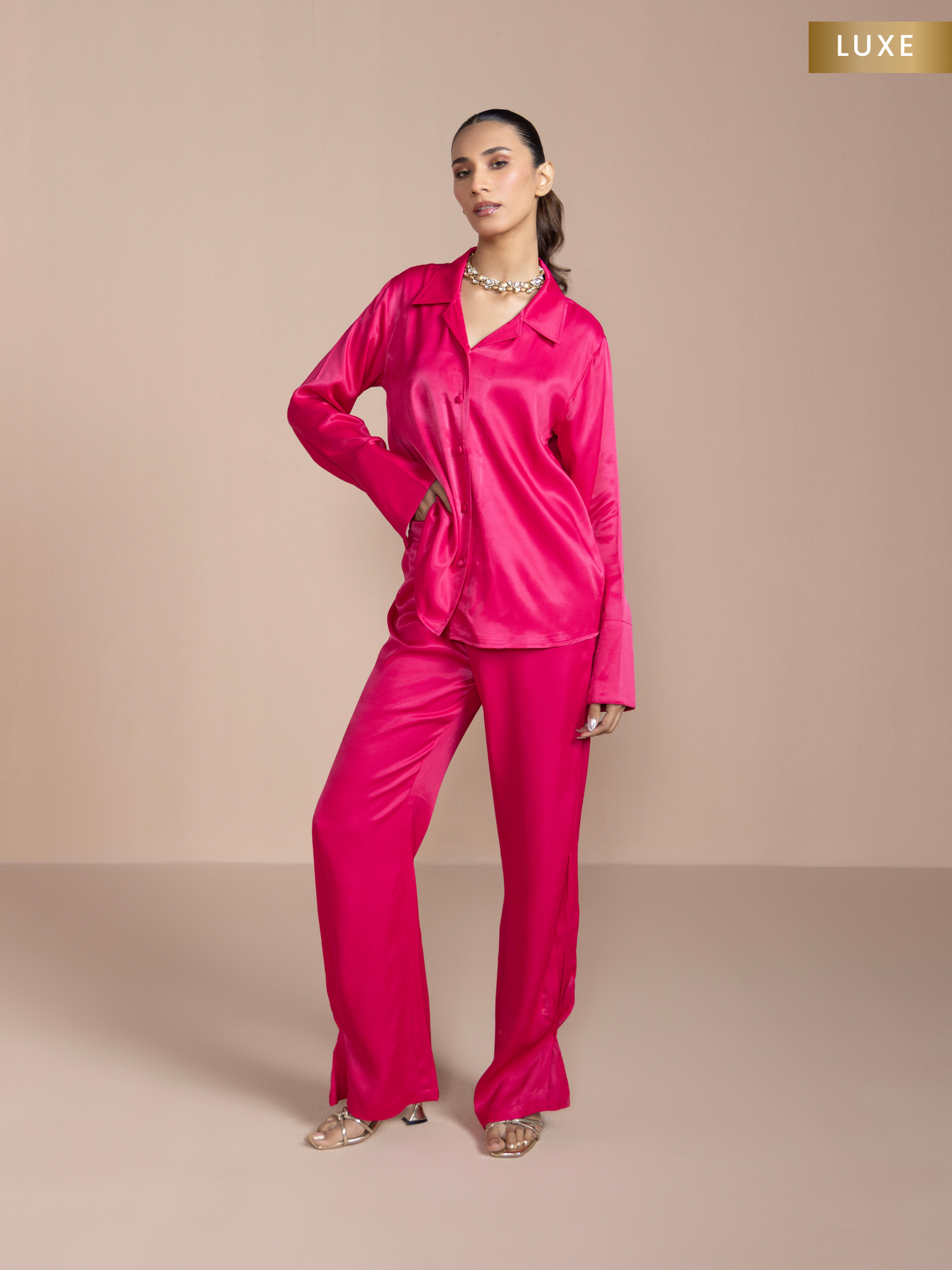 Button Embellished Satin Shirt with Pants in Rani Pink