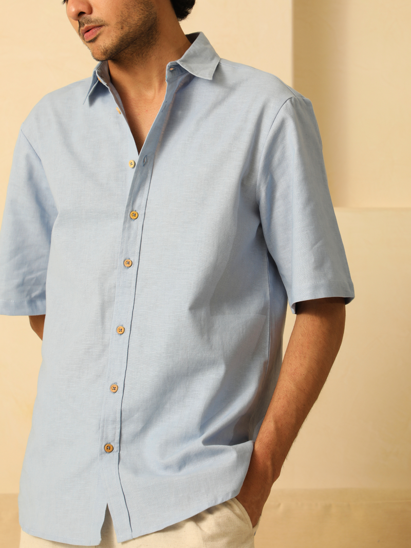 Half Sleeves Linen Shirt in Powder Blue