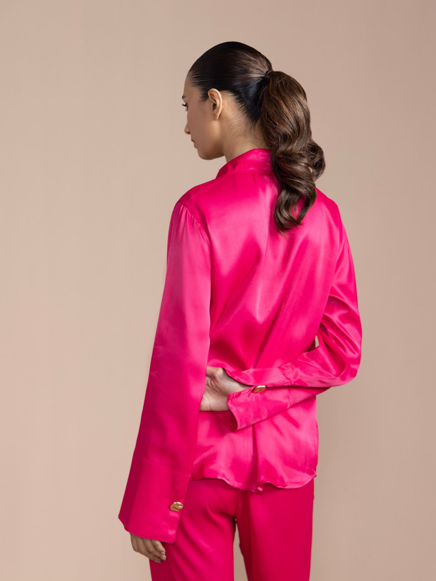 Button Embellished Satin Shirt with Pants in Rani Pink
