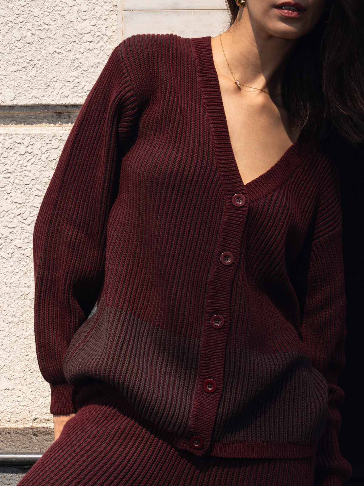 Ribbed Button Down Cardigan with Pants in Maroon