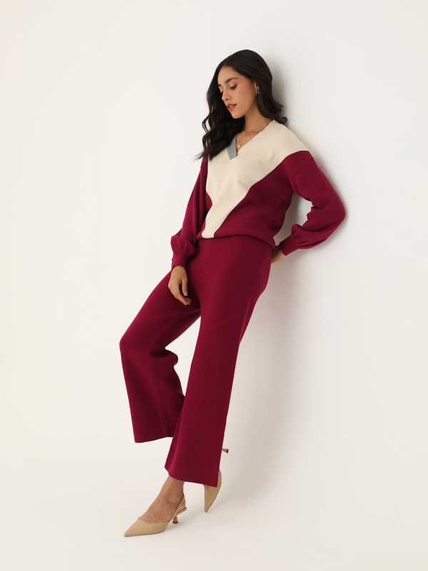 Organic Cotton Wool Knitted Lounge Pants in Maroon