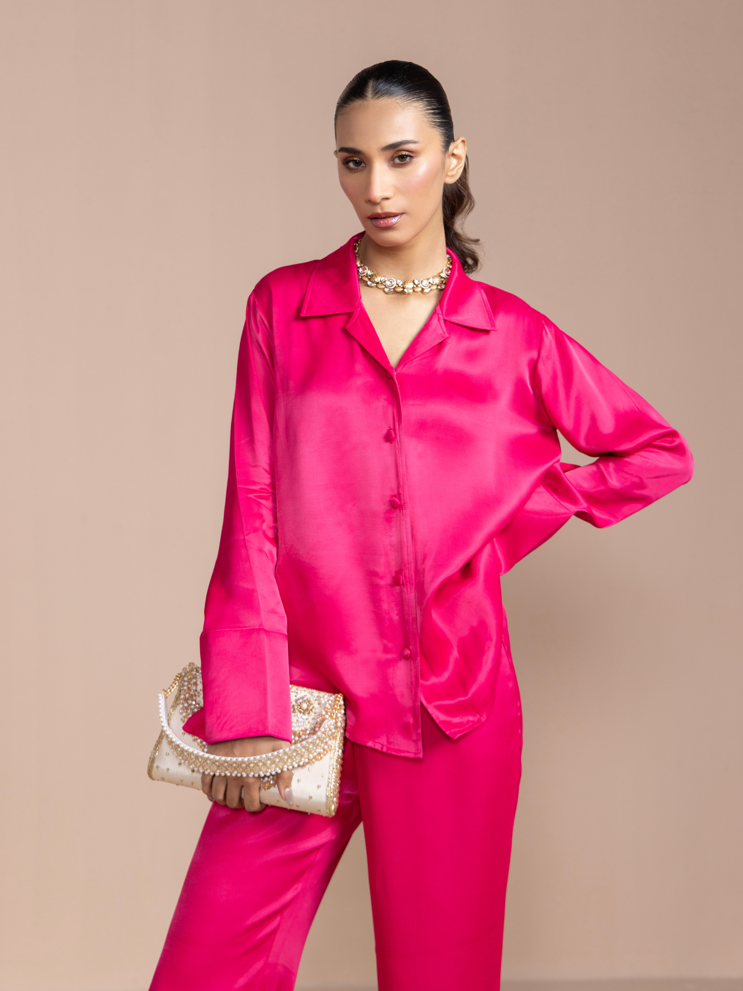 Button Embellished Satin Shirt in Rani Pink