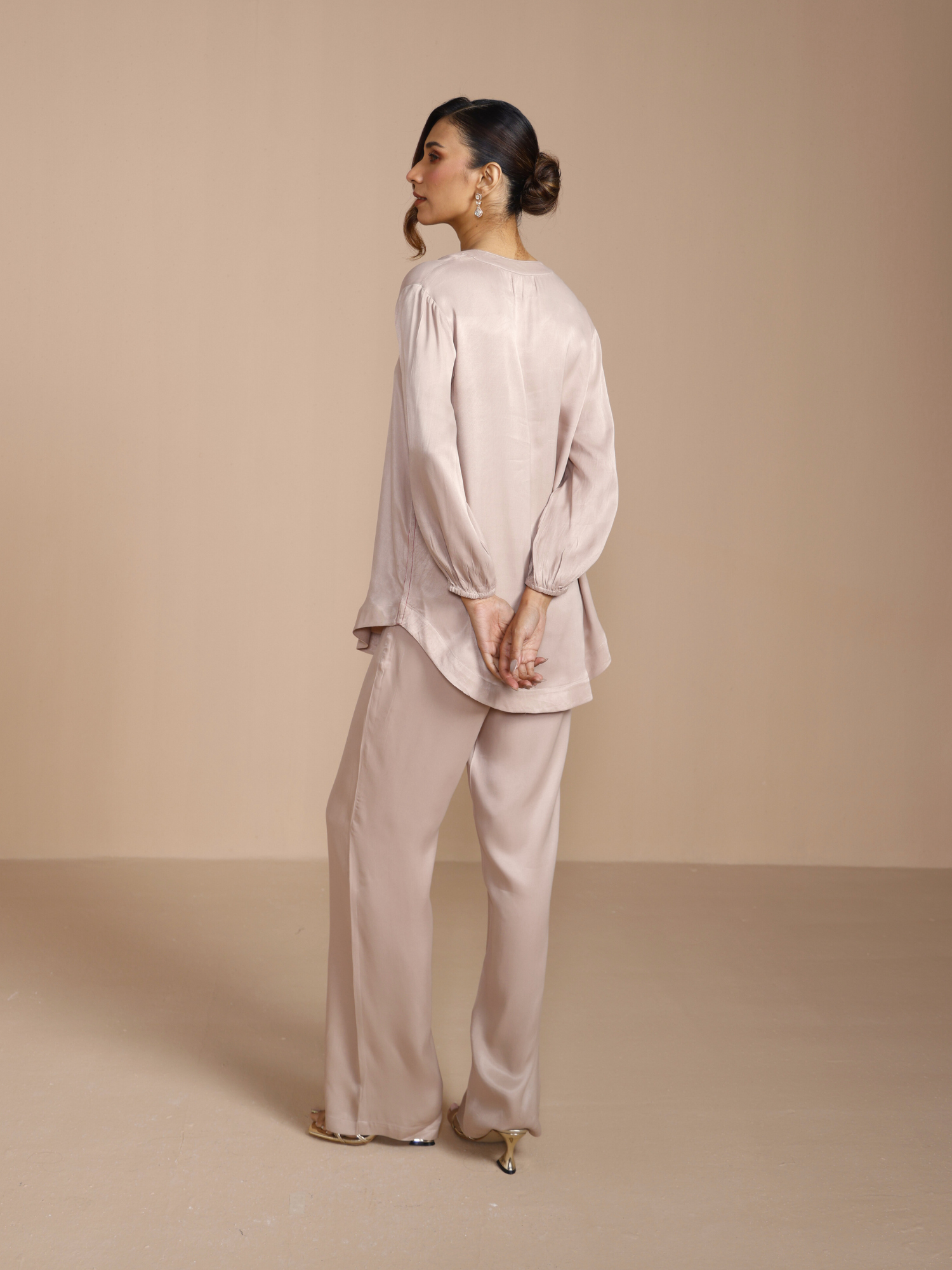 Satin Embroidered Tunic with Pants in Silver Taupe