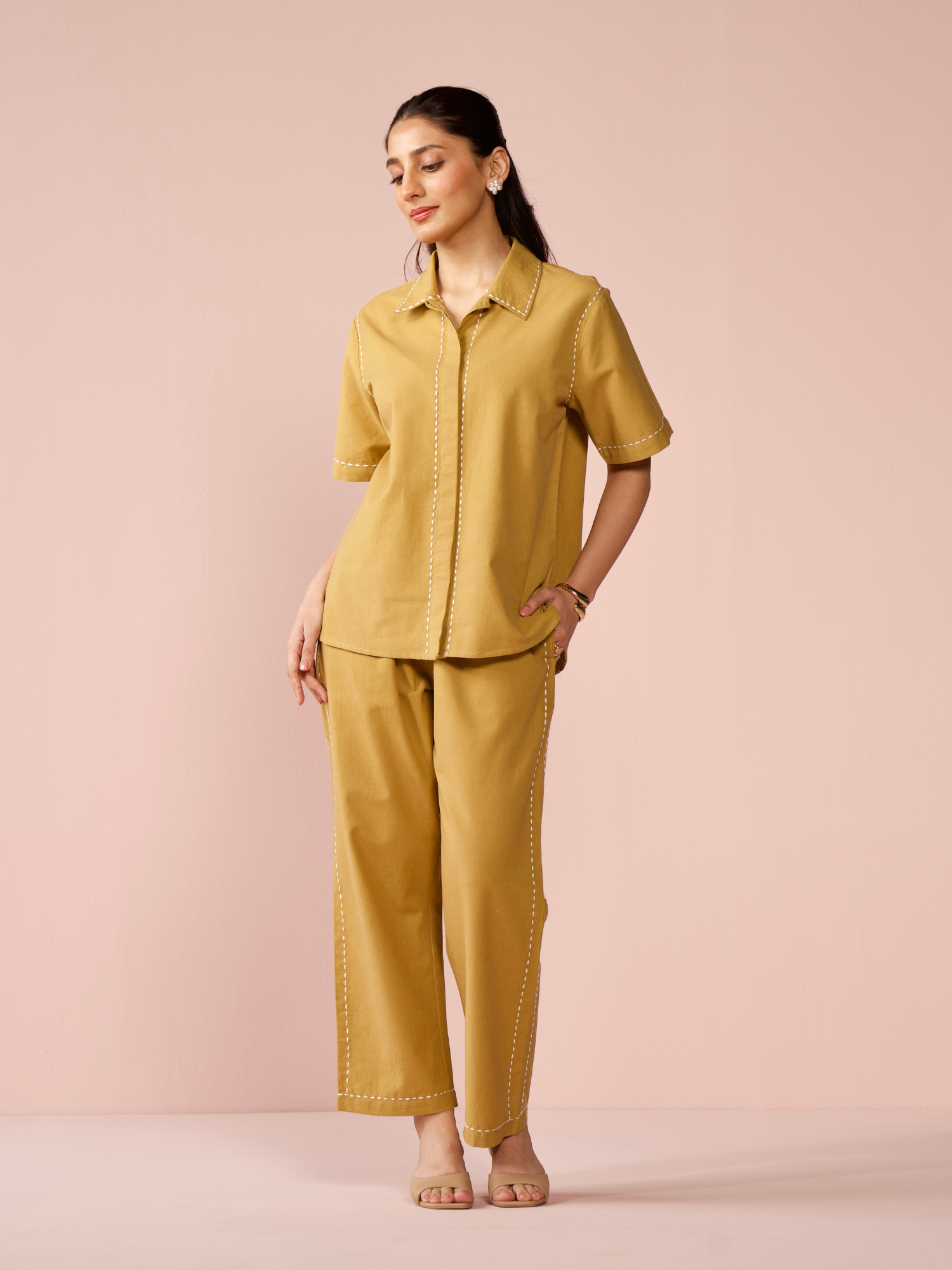 Drift Linen Blend Co-ord Set with Pants in Caramel