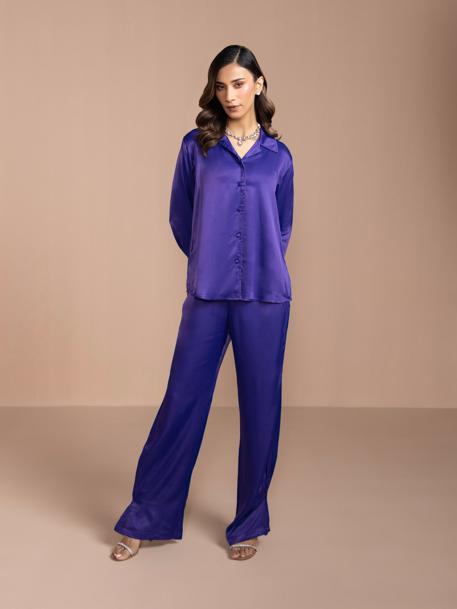 Button Embellished Satin Shirt in Mystic Blue