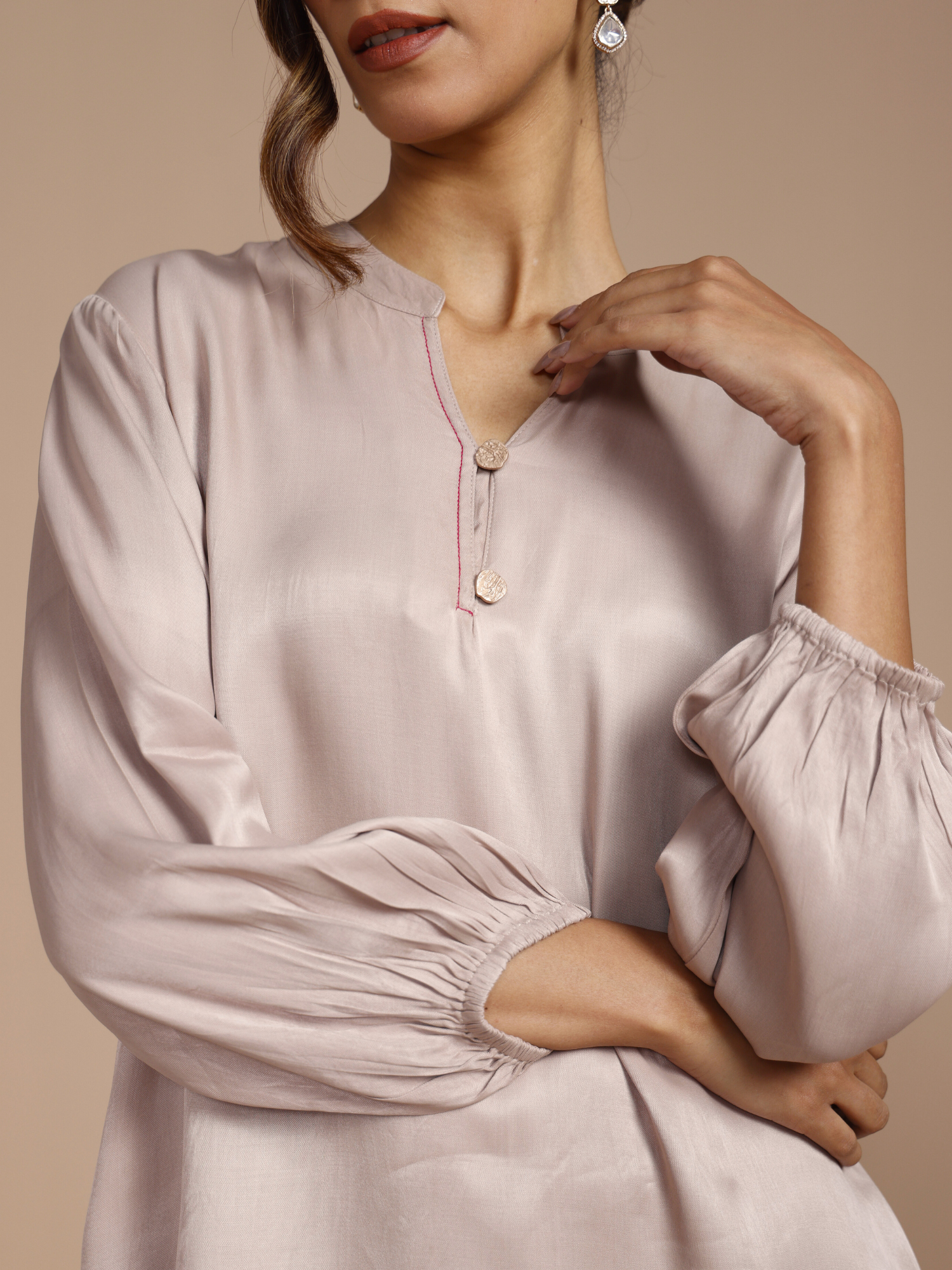 Satin Embroidered Tunic with Pants in Silver Taupe