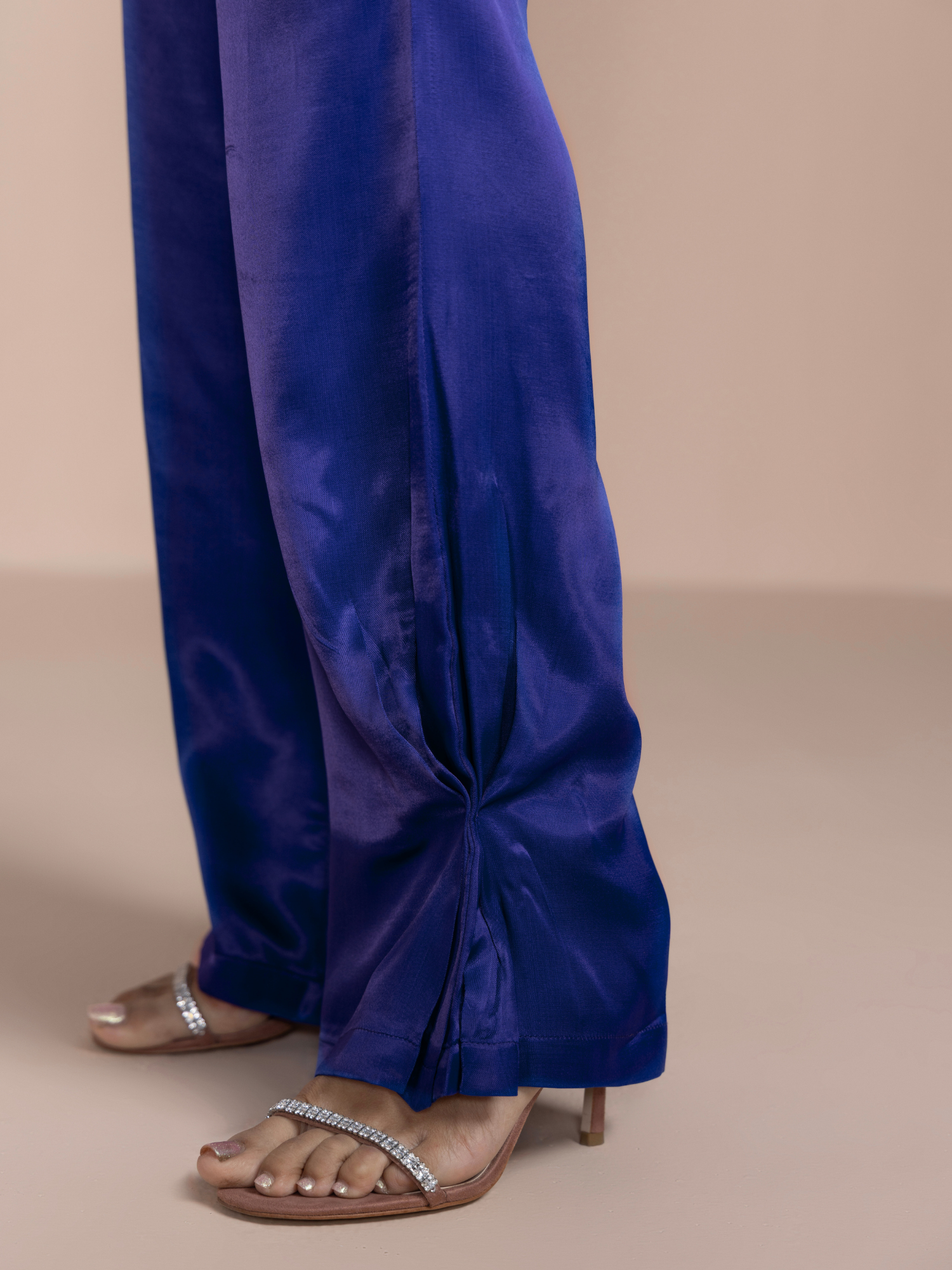 Button Embellished Satin Shirt with Pants in Mystic Blue