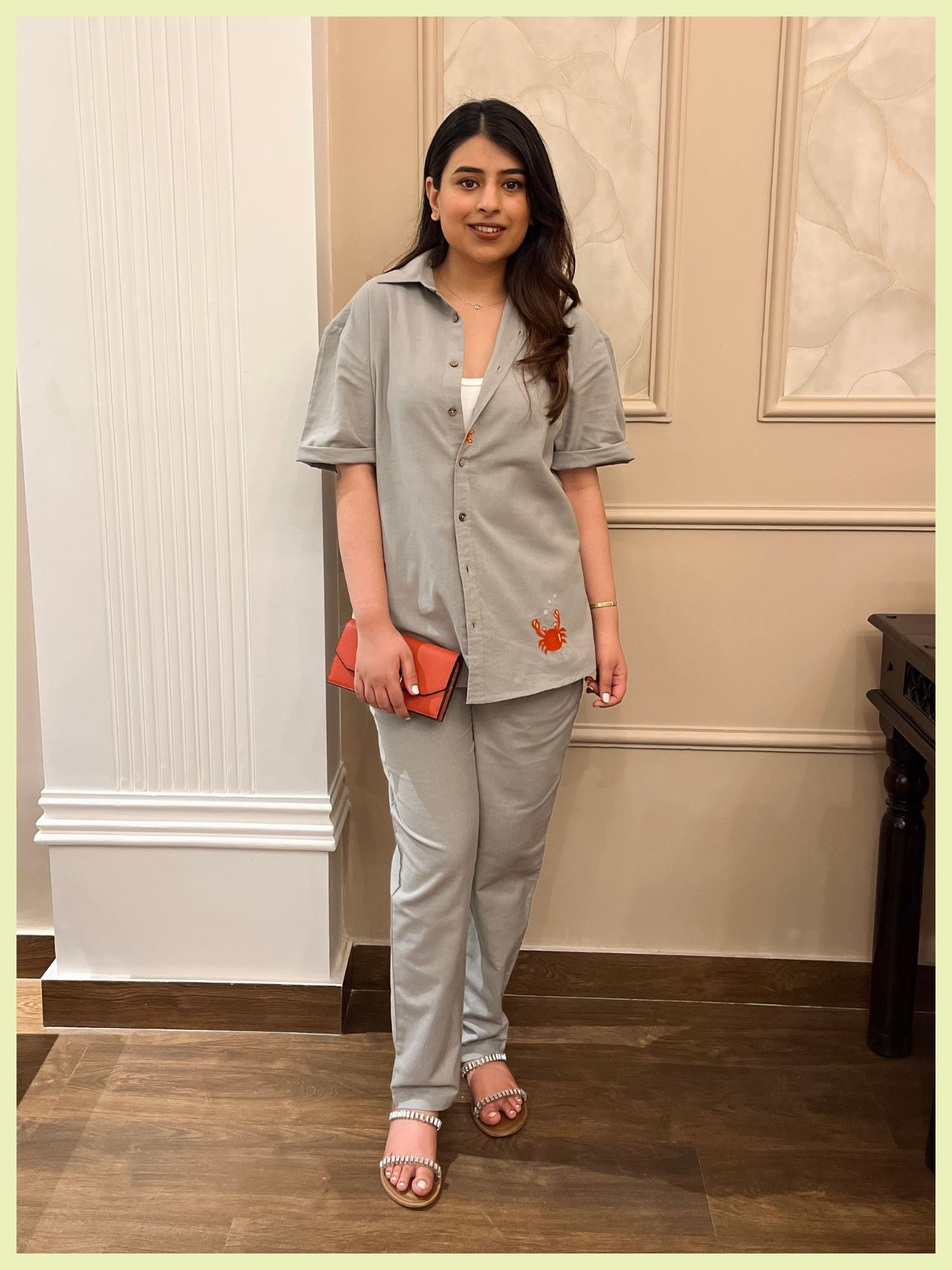 Crabby Linen Co-ord Set with Pants in Stone Grey